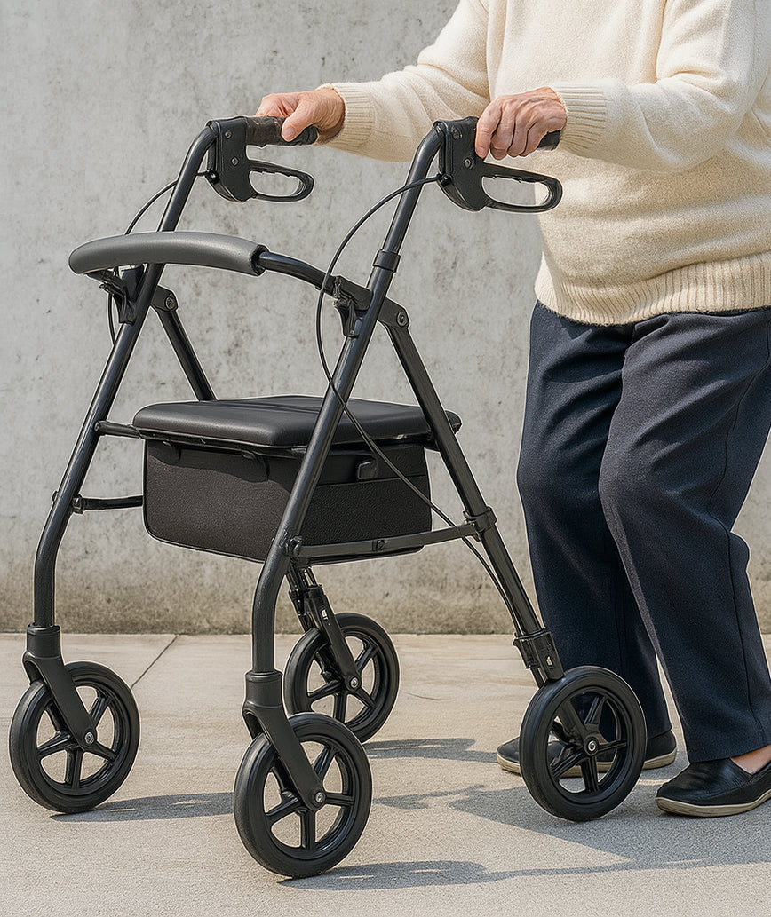 Foldable 4-Wheel Mobility Trolley Walker with Seat & Shopping Bag – Elderly Walking Aid