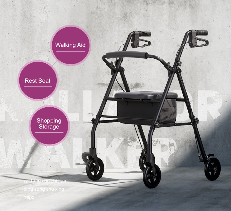 Foldable 4-Wheel Mobility Trolley Walker with Seat & Shopping Bag – Elderly Walking Aid